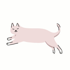 Playful Cartoon Stretching Cat Illustration in Minimalist Hand-Drawn Style