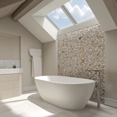 A 3D rendering of a serene bathroom with a freestanding white tub, a pebble-textured accent wall, and a large skylight overhead.
