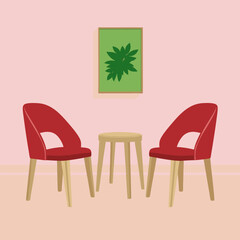 Modern Minimalist Room Design with Red Chairs, Wooden Table, and Wall Art