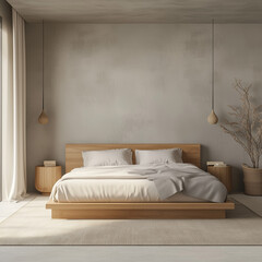 A 3D rendering of a minimalist bedroom with a light gray feature wall, a low wooden bed frame, and a soft rug underfoot