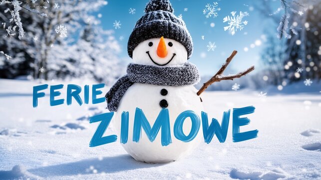 Bałwan w zimowym krajobrazie z napisem Ferie Zimowe