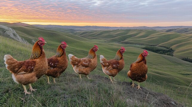Five hens stand on a hilltop at sunrise over a valley.