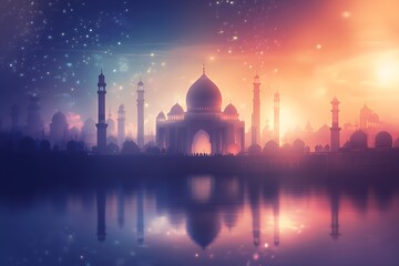 Majestic Mosque Cityscape at Sunset with Sparkling Sky