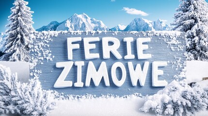 Zaśnieżony drewniany napis Ferie Zimowe w górach © Grzegorz Kuczynski