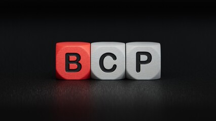 wooden cube with bcp text. Financial, marketing.close up of wooden elements,Business Concept.3D rendering on black background.