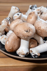 Organic Brown champignons mushrooms from underground caves in Kanne, Belgium, close up, vegetarian food