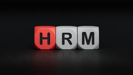 wooden cube with hrm text. Financial, marketing.close up of wooden elements,Business Concept.3D rendering on black background.