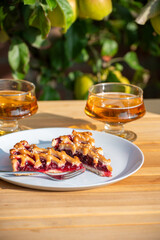 Homemade open sour cherry pie, delicious sweet dessert served in pieces outdoor in garden