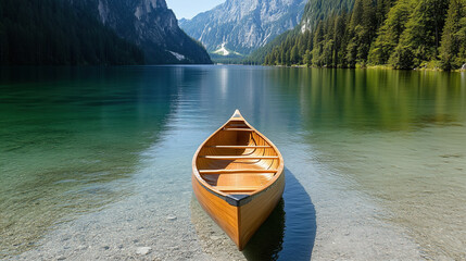 serene wooden boat on clear water, surrounded by mountains and trees