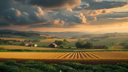 Fototapeta premium Fields of Gold: A Timeless Rural Symphony, Where Nature Meets Hard Work