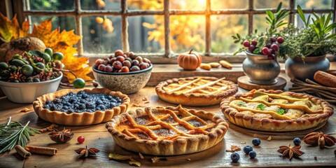 Fototapeta premium Rustic Autumnal Still Life with Freshly Baked Pies and Warm, Golden Light Through the Window