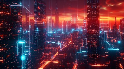 Futuristic cityscape with glowing neon lights and digital connections crisscrossing between skyscrapers at sunset, creating a cyberpunk atmosphere