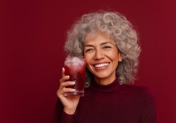 Portrait of an elderly African American woman in purple shirt, holding a drink glass and smiling against a studio background.