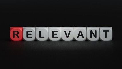  wooden cubes with text RELEVANT. financial market. financing.close up of wooden elements,Business Concept.3D rendering on black background.