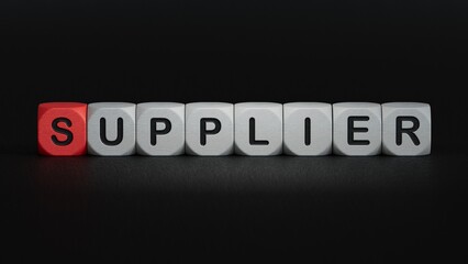  wooden cubes with text SUPPLIER. financial market. financing.close up of wooden elements,Business Concept.3D rendering on black background.