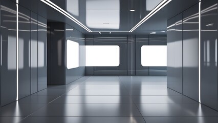 Futuristic Interior of Gray Hallway with Clean Geometric Lines and Reflective Walls