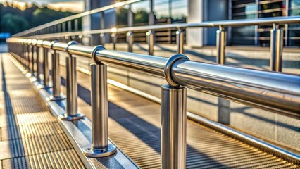 A close-up perspective of a metallic handrail on a pedestrian bridge, showcasing the intricate details of its construction and the shimmering reflection of sunlight on its polished surface.