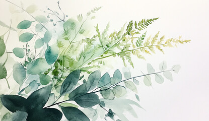 Watercolor green arrangement with fern and eucalyptus leaves in soft green on a white background
