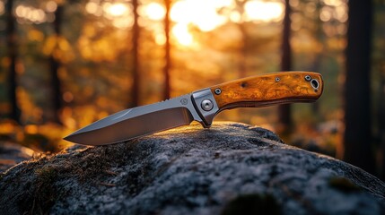 Folding knife on rock at sunset.