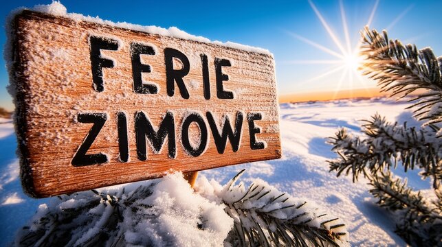 Drewniana tablica Ferie Zimowe w promieniach zimowego słońca