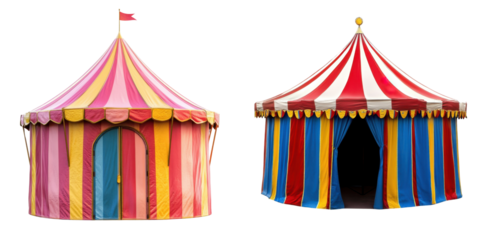 Colorful circus tents with distinct striped patterns and decorative elements, showcasing vibrant hues and unique designs.