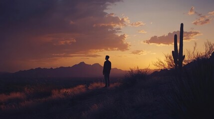 Fototapeta premium A person standing alone at sunset in the desert, with mountains in the background. A beautiful blend of colors fills the sky.