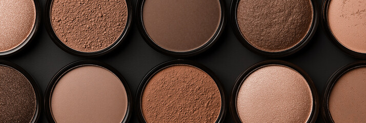 Fototapeta premium Various shades of makeup powder in circular containers, top view, cosmetic beauty