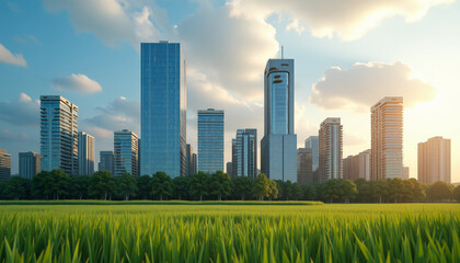 Cityscape with Skyscrapers and Lush Green Field
