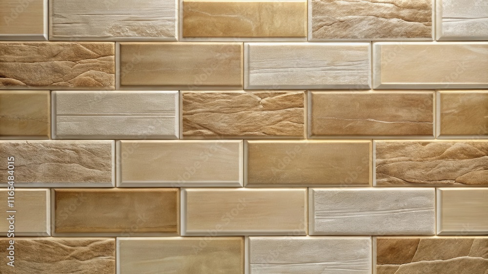 Wall mural a close-up view of a decorative tile wall, featuring an intricate pattern of textured tiles in warm,
