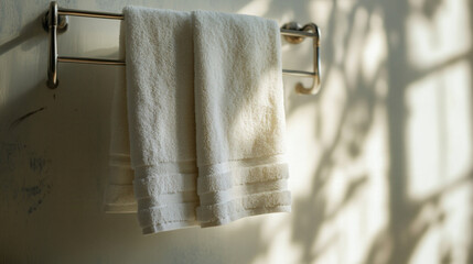 White towels hanging on a towel rack in a bathroom