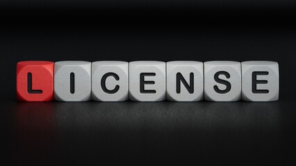 wooden cubes with text LICENSE. financial market. financing.close up of wooden elements,Business Concept.3D rendering on black background.