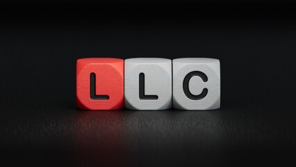 Businesswoman made word llc with wood building blocks.close up of wooden elements,Business Concept.3D rendering on black background.