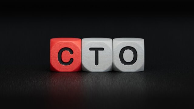 Businesswoman made word cto with wood building blocks.close up of wooden elements,Business Concept.3D rendering on black background.
