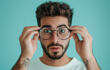 A young man with a beard and tattoos shows a surprised expression while holding round glasses close to his eyes. The vibrant light blue background enhances the playful mood.
