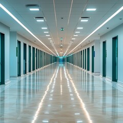 Fototapeta premium Modern Hospital Corridor Empty Clean Sterile Bright Long Architecture Interior Desi
