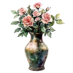 Watercolor painting of a bouquet of pink roses in a vintage vase.