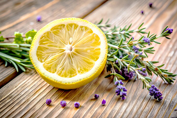 Lemon with lavender and rosemary on a wooden background, Close up