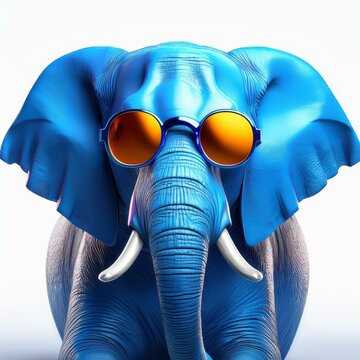 Realistic AI-Generated Blue Elephant Wearing Yellow Sunglasses on White Background &ndash; Playful and Creative Animal Concept for Advertising, Marketing, and Digital Media