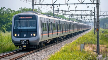 Naklejka premium Metro train emerging from urban greenery cityscape transportation daylight dynamic view modern infrastructure