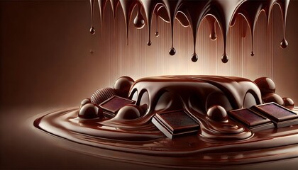 A luscious chocolate composition with melting chocolate, bars, and spheres. Ideal for advertising, dessert branding, or showcasing luxury confectionery and sweets.