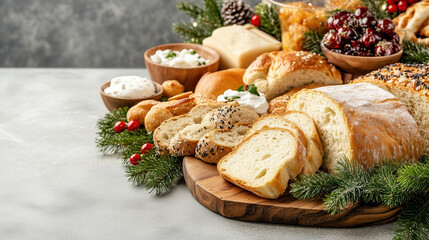 Freshly baked bread assortment on wooden board with festive decorations