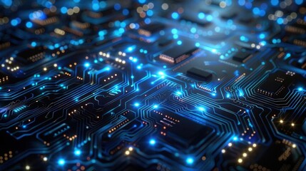 Fototapeta premium Circuit Board with Glowing Blue Lines