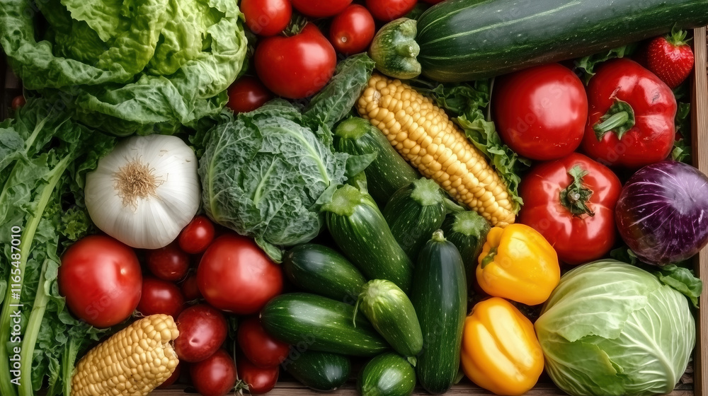 Canvas Prints Fresh vegetables including tomatoes, zucchini, corn, and lettuce