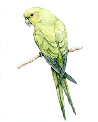 Fototapeta premium Playful green parakeet on branch white background wildlife captivating viewpoint nature concept
