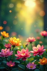 Bright, colorful bokeh circles, blurred floral scene , bokeh, dreamy, flowers