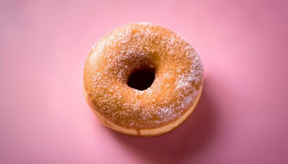 淡いピンクの背景にシュガーコーティングされたドーナツが一つだけ配置され、優雅で穏やかな朝のひとときを演出するシンプルな構図

