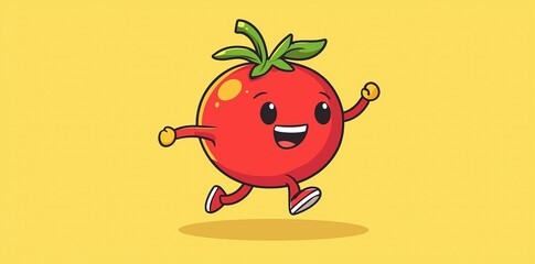 Happy Red Tomato Cartoon Character Running on Yellow Background