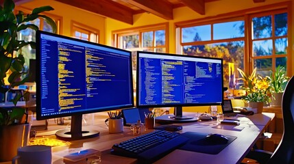 Modern workspace with coding monitors. Dynamic office environment with computer setups for effective programming. Enhances productivity and digital development. Ideal for tech projects and