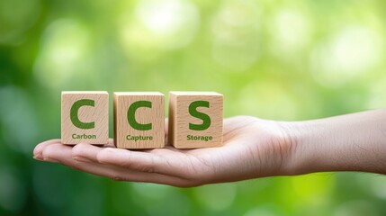 A hand holding wooden blocks labeled CCS against a lush green background represents the concept of sustainability, ecology, and environmental consciousness in a modern world.