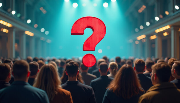 Crowd Awaits Answers: Question Mark in Large Gathering